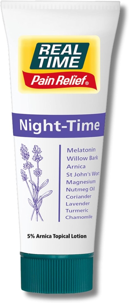 Real Time Pain Relief Night Cream 4oz Tube - 22 Natural Ingredients: 5% Arnica, Melatonin & Lavender - Pomaga Sen & Ułatwia dyskomfort w połączeniach, Mięśnie, Nerwy, Ache pleców, Siniaki & Napięcie ciała