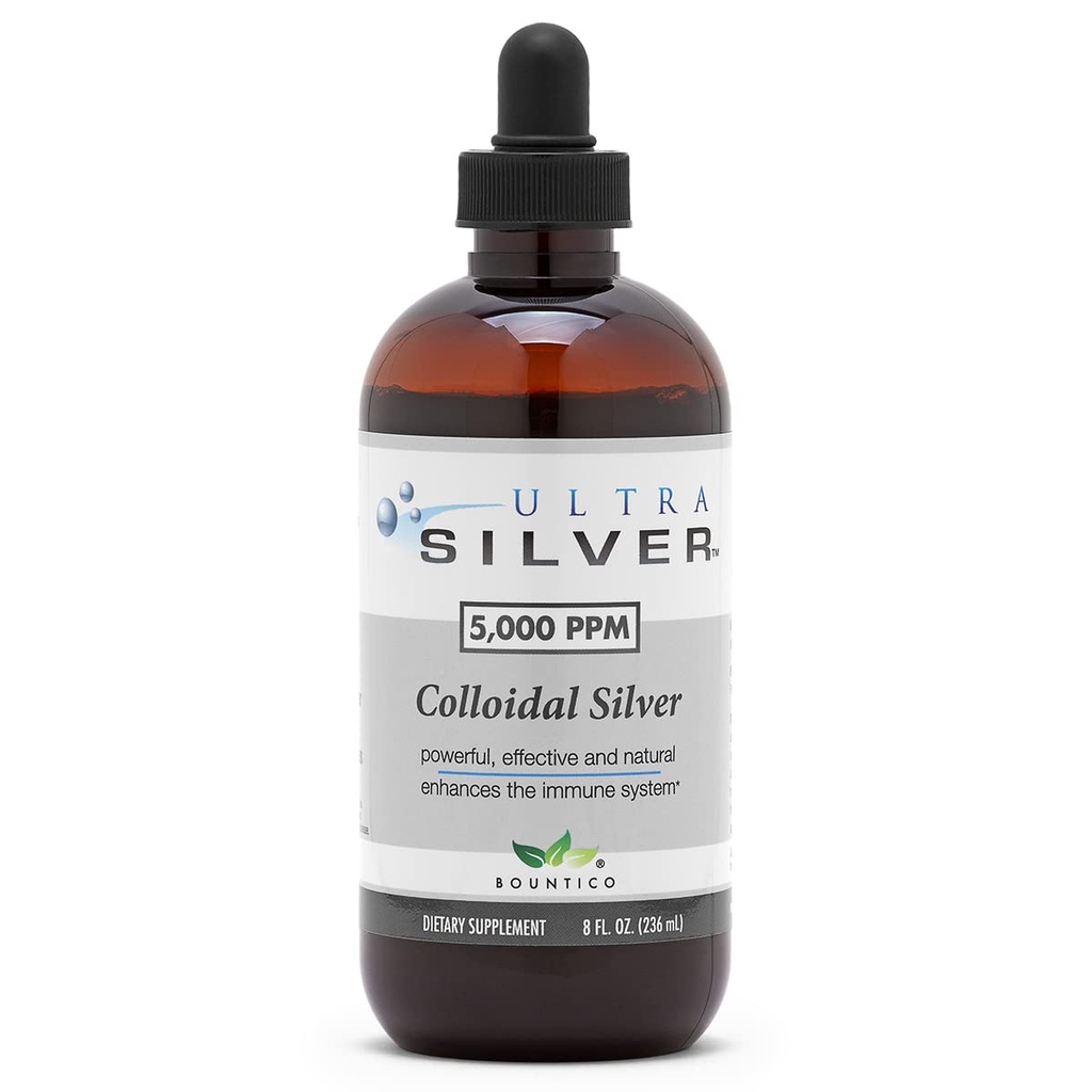 Ultra Silver ® Colloidalne srebro 124; 5000 PPM, 8 Oz (236ml) 124; Statki jako (2) 4 Ounce Butelki szklane 124; Suplement mineralny 124; Prawdziwe srebro koloidalne - z Dropper