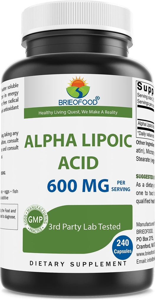 Brieofood Alpha Lipoic Acid 600mg na porcję - 240 kapsułek - Non-GMO, Gluten Free