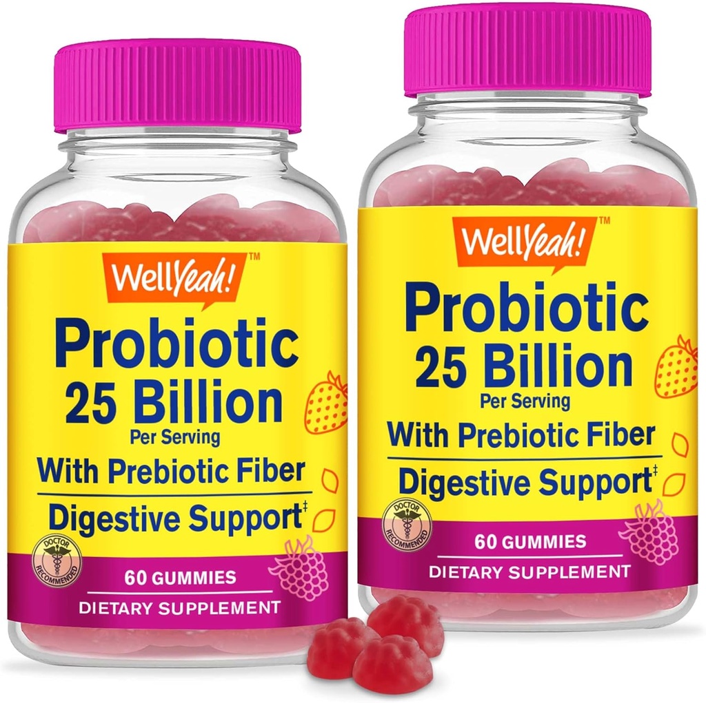 WellYeah (2 Pack 25 Billion Probiotics + Prebiotyki dla mężczyzn i kobiet Gummies - Wsparcie pokarmowe, Gut Health, Gummy wsparcia immunologicznego - Probiotyki dla zdrowia trawiennego z 12 Szczepami - 60 Gummies