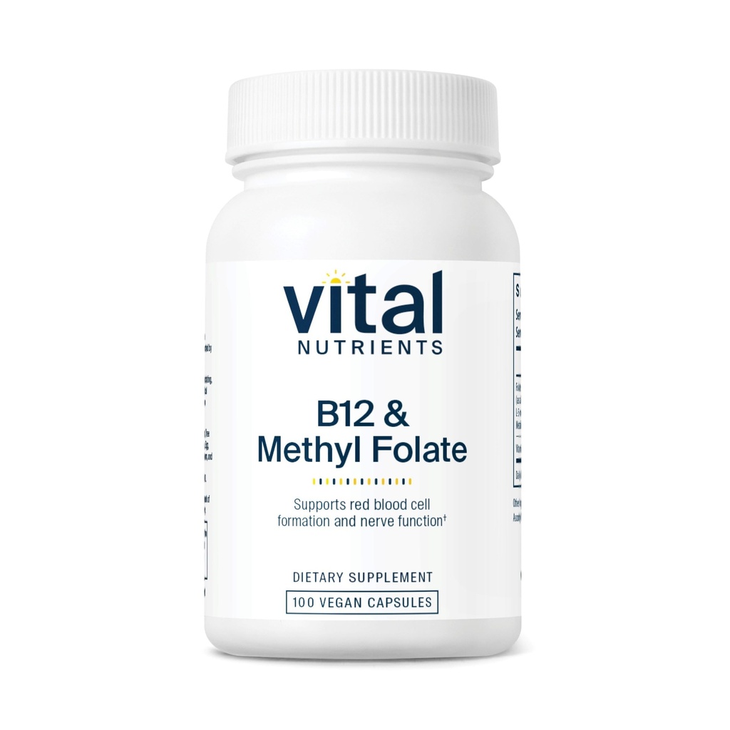 Vital Nutrigents Witamina B12 & Metyl Folate Agregat 124; Wegan Methylled Folate & B12 Supplement Agregates 124; 5- MTHF Plus B12 Supports Nerwowy System & Metabolizm * Gluten, Dairy, Soy Free Agregate 124; 100 Kapsułki