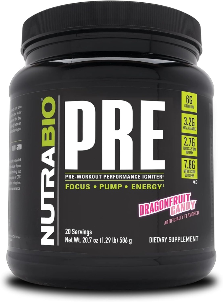 NutraBio PRE Workout Proszek - Stara formuła - Trwała energia, Mental Focus, Endurance - Beta Alanina, Kreatyna, Kofeina, Elektrolity - 20 Służenia - Candy Dragonfruit