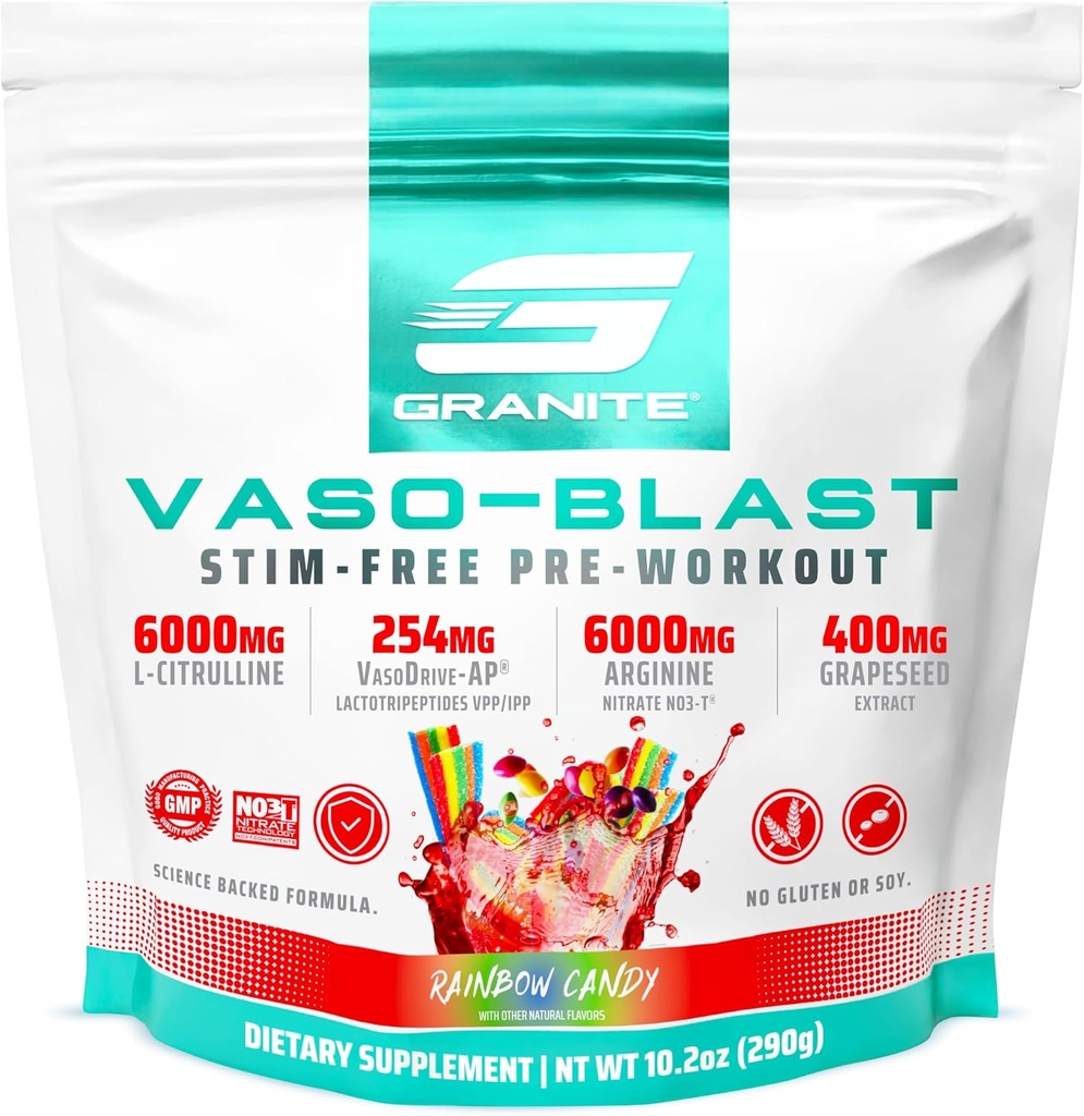 Granitowe suplementy Vaso Blast, Rainbow Candy Flavor, Stymulant- Free Pre Workout dla mężczyzn i kobiet z ekstrakt z winogron, Azotyn argininy, & VasoDrive- AP dla Max Pompa (20 Sług)