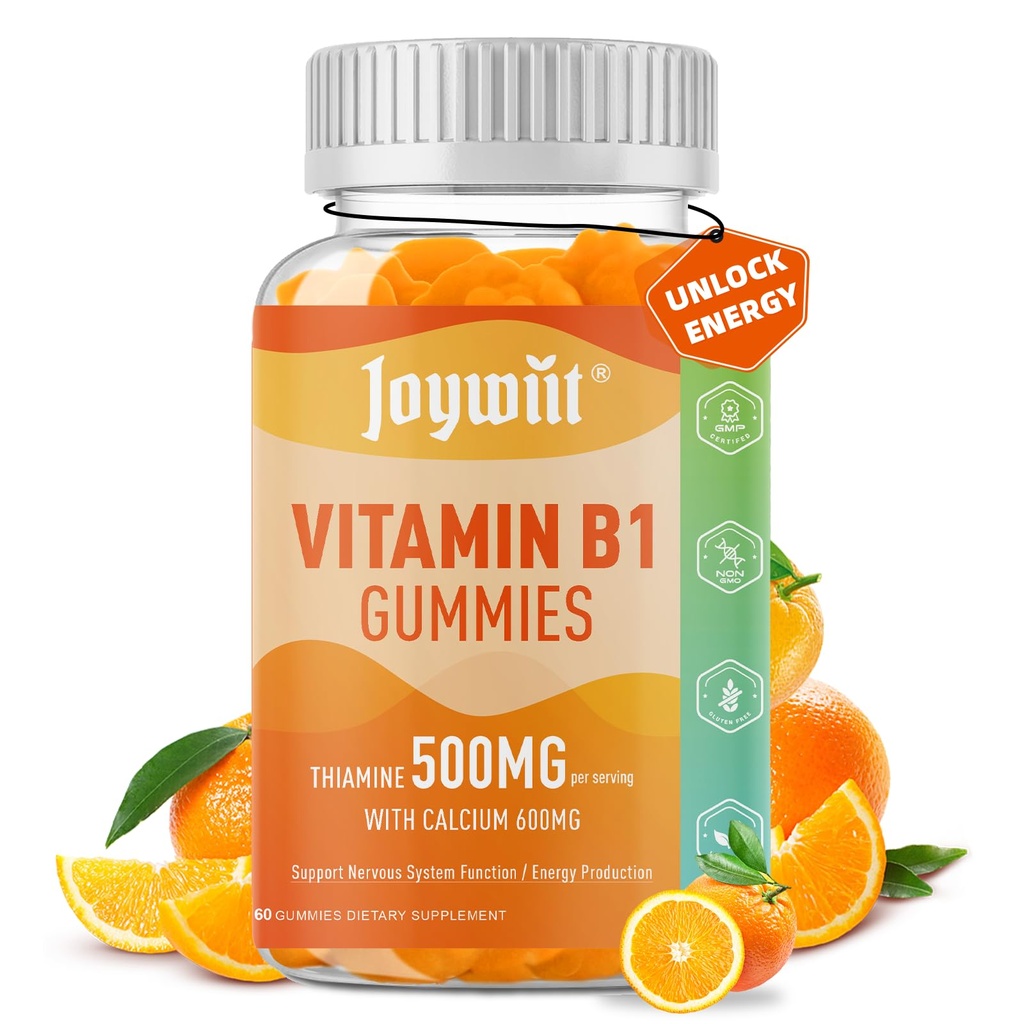 Witamina B1 Gummies 500mg, Suplement do żucia tiaminy B1 dla dorosłych, z 600 mg cytrynianu wapnia, Wsparcie układu nerwowego, Wegan, Naturalny aromat pomarańczowy