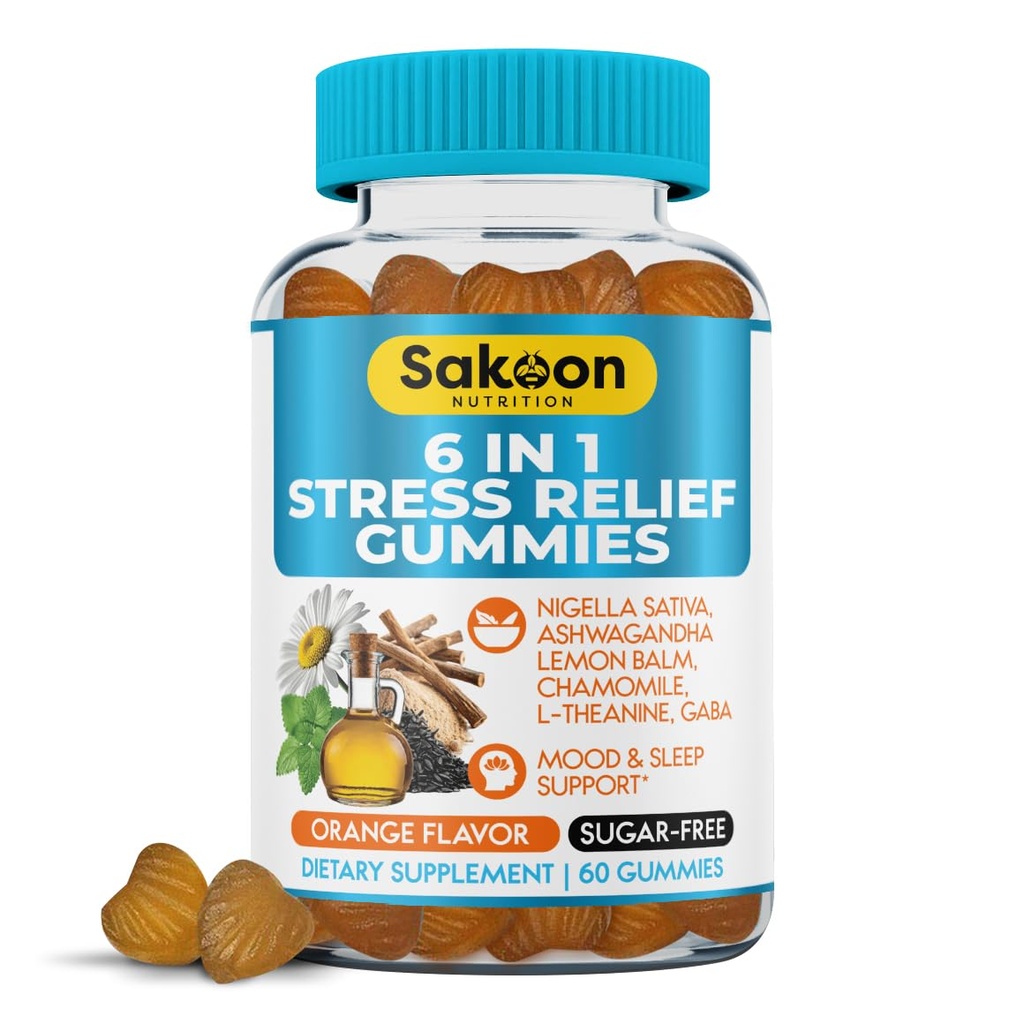 6- in-1 Stress Relief Gummies 60ct - Aids Relaxation with Ashwagandha, GABA, L- theanine, Lemon Balm, Rumianek, Black Cumin Seed Nigella Sativa. Ulepszony głęboki sen, wsparcie wspólne - 60 gum