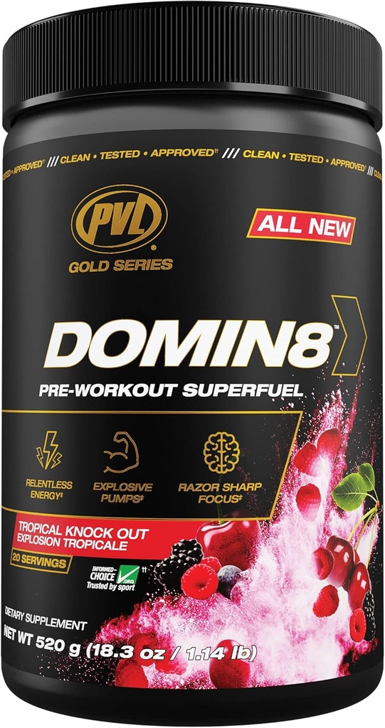 PVL Gold Series Domin8 Between 124; Superfuel do treningu wstępnego - Pełna dawka Pretreaction - 520 g - Tropical Knock Out