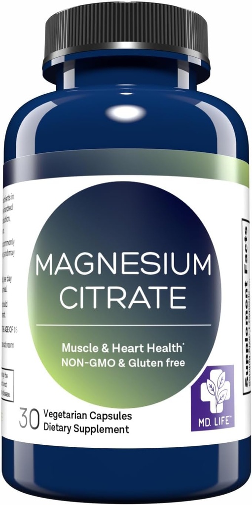MD. Life Magnezu Citrate 250 mg - 30 Kapsułek - Wysoka absorpcja Magnezu Citrate Supplement - Kapsułki easy- to- Połknięcie dla mięśni, nerwów, serca, snu i kości
