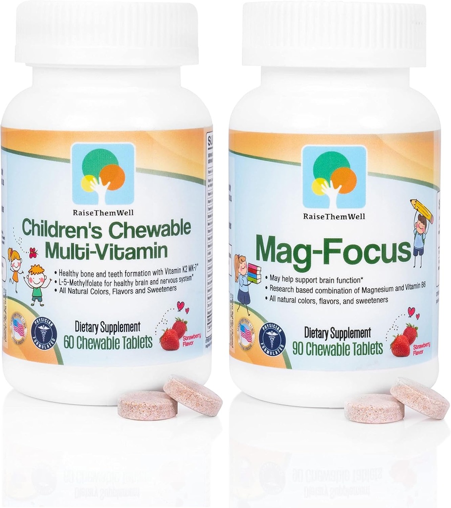 Podnieść je dobrze Mag Focus 124; Cytrynian magnezowy & B- 6 dla dzieci 124; Naturalne truskawki aromatyzowane Magnezu Focus Supplements and Great Tasting Chewable Multivitamine for Kids Bundle