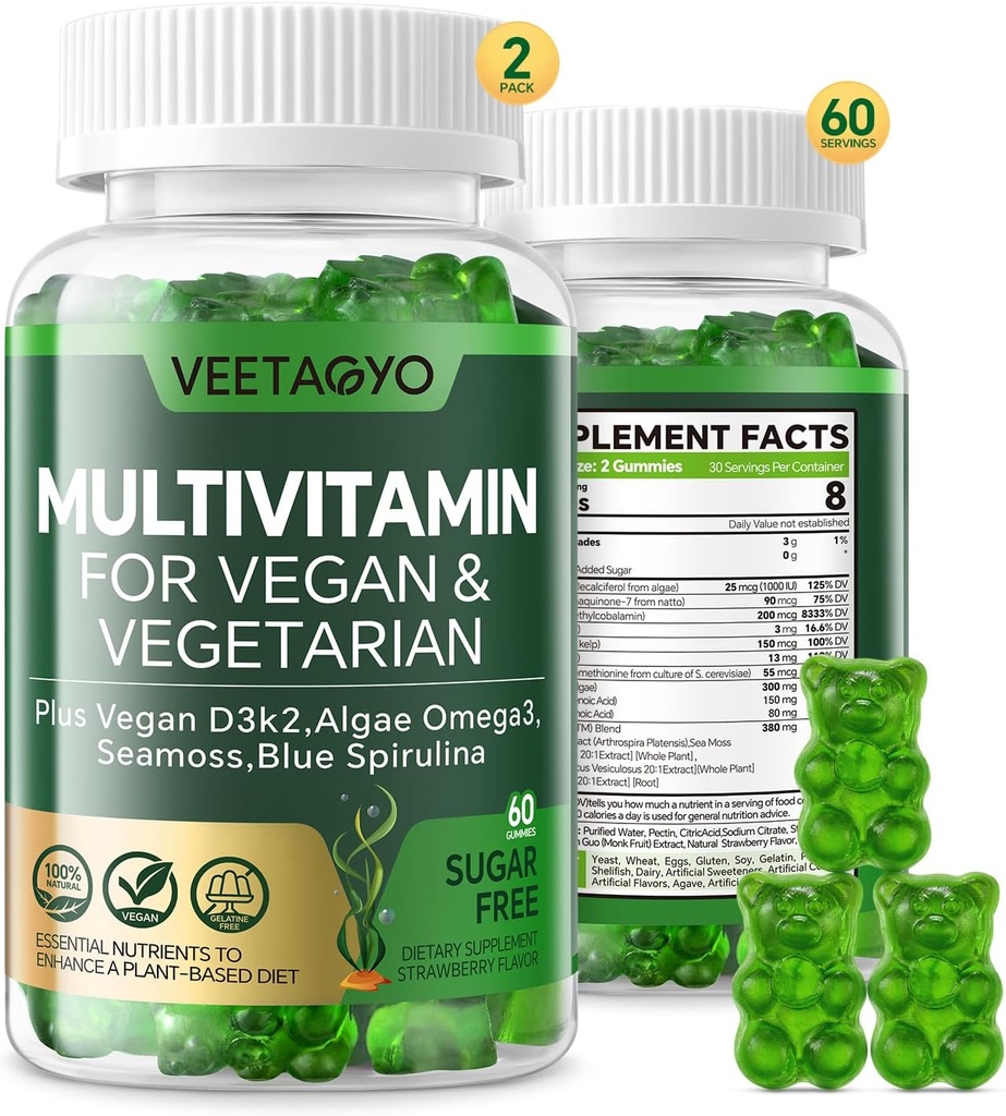 Witamina D3 + K2- 1000IU D3 90mcg K2 - Multiwitamina dla wegetariańskich i dorosłych w / Algae Omega-3, Żelazko, Metyl B12, Meamos, Jod dla kości, Mięśnie, Energia, Immunitet Sugar Free, Gluten- Free, 120 Count