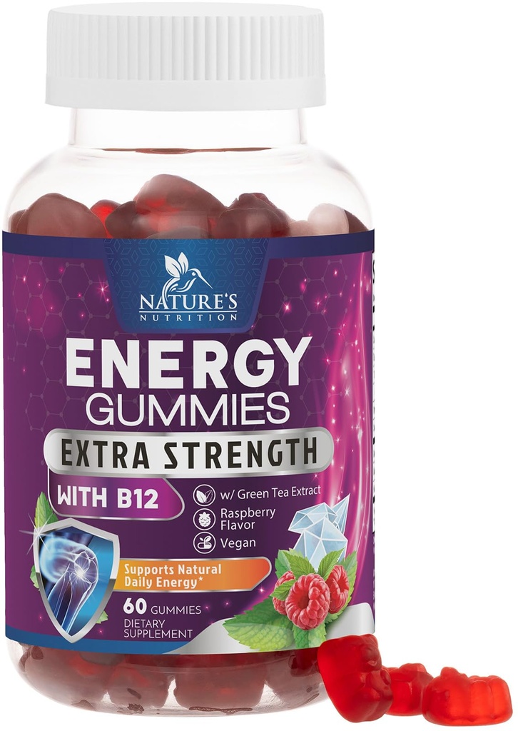 Energy Gummies 1000mcg - z witaminą B12, Zielona herbata Naturalne wsparcie kofeiny, Daily Energy Gummies - Delicious Berry Flavor B12 Chewable Experience Supplement for Running Cycling & Sports - 60 Chews