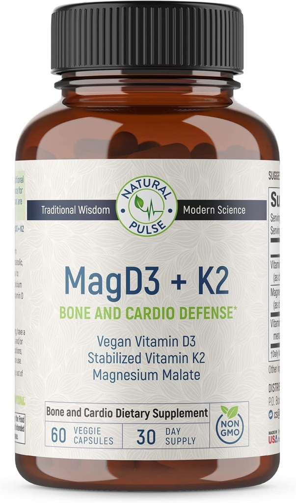 Magnezu jabłczan + wegańska witamina D3 + stabilizowana witamina K2, Kompletny suplement wsparcia dla energii komórkowej, sercowo-naczyniowej, immunologicznej i metabolicznej zdrowia i wytrzymałości kości, 90 Veggie Czapki