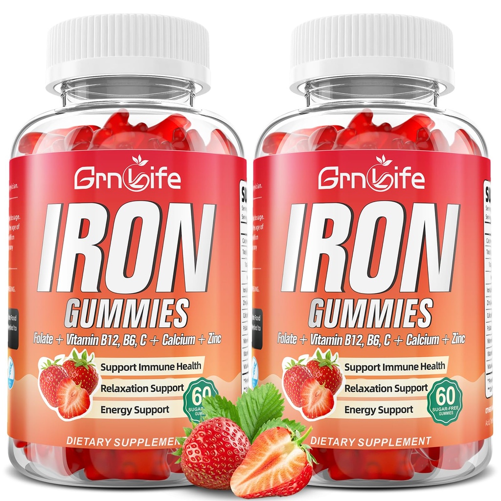 Żelazne gumki dla kobiet, Mężczyźni i Dzieci, Sugar Free Żelaza Suplement z wapniem, Cynk, Folate & Witamina B12, C, B6 - dla Blood Building & Energy Support, Anemia, Truskawka, 120 Hrabia