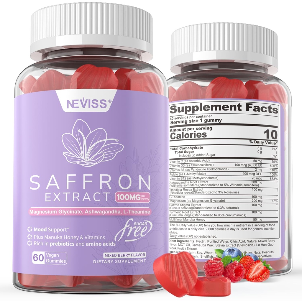 Suplementy Saffron Gummies 100mg - 100% Czysty ekstrakt Saffron z Magnezu Glycinate, L- Theanine, Turmeric, Ashwagandha, Honey & Witamina B Kompleks dla Mood & Power, Przeciwutleniacz, Witalność - 120 Hrabia
