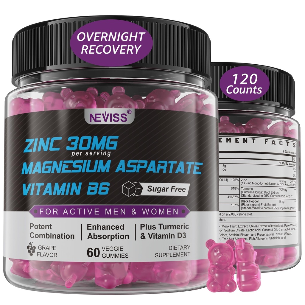 Cynk i suplement magnezu, Cynk Magnezu Asparaginian post ćwiczenia Gummies dla mężczyzn, z witaminą B6, B12, D3, Turmeric for Night Recovery, Reduce Fatigue, Boost Immunity & Sleep, 120 Count