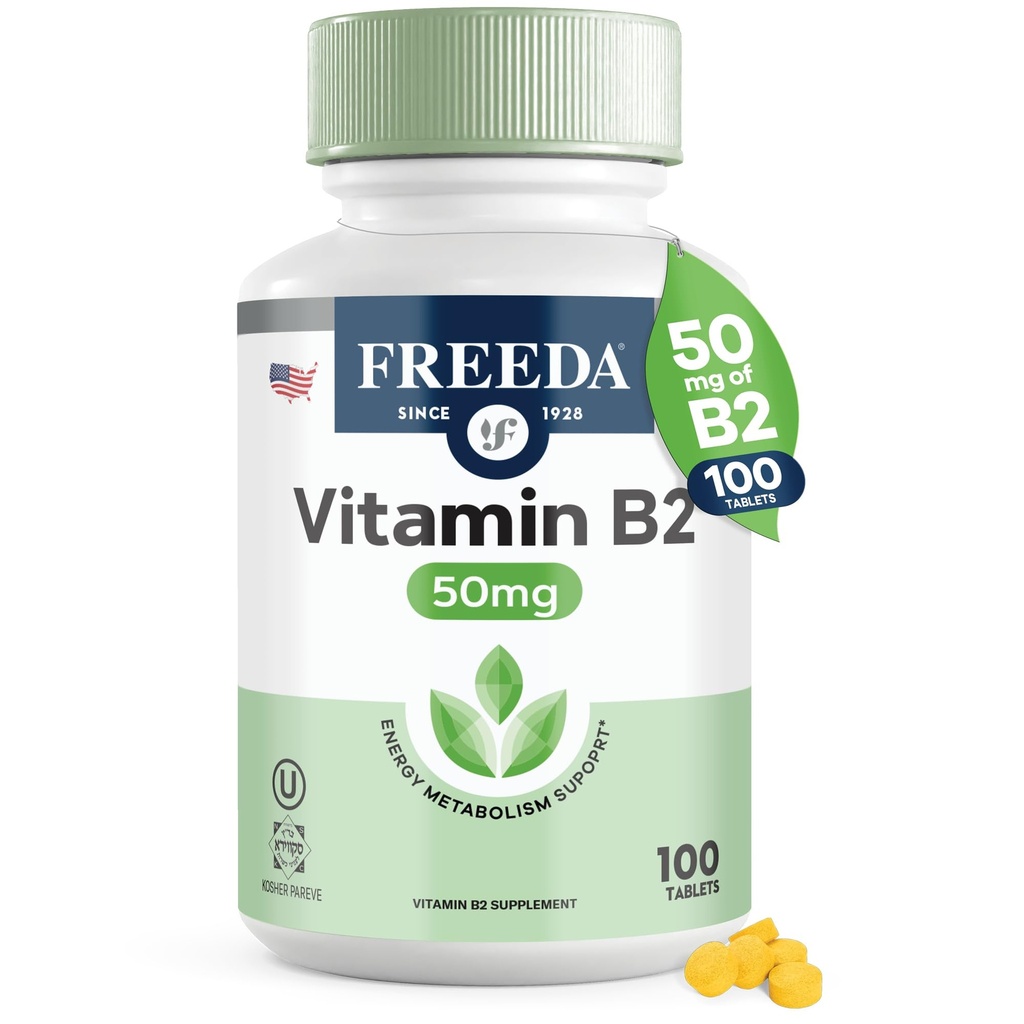 Freeda Witamina B2 Riboflavin 50mg - Wsparcie energetyczne i nerwowe - Kosher, Wegan, Suplement B2 do mózgu i metabolizmu - (100 Ct)