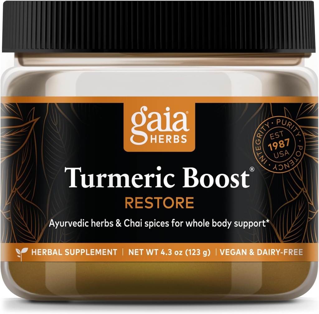 Gaia Herbs Turmeric Boost Restore - Turmeric Drink Mix wspierająca zdrową odpowiedź na obrzęk u dorosłych - z kurkumin kurkumina kurkumina, Pieprz czarny, Święty Basil & Ginger - 4.3 Ounces (21- Day Supply)