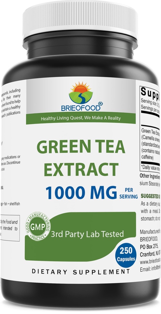 Brieofood Green Tea Extract 1000 mg na serwowanie (Min 50% Polifenole) - 250 Kapsułki - 3. strona Lab Tested for Czystość i Jakość