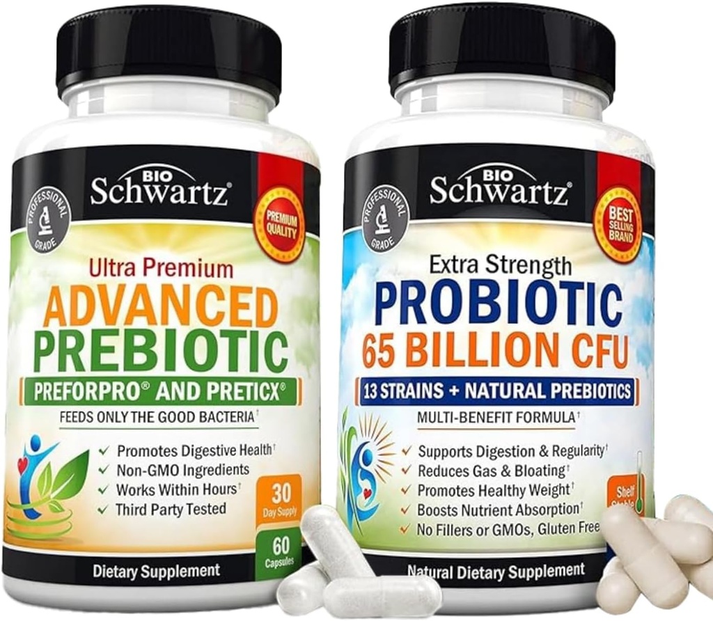 65 Miliard CFU Daily Probiotic Supplement (1 miesiąc dostaw) Plus Advanced Prebiotic Gut Health Supplement (1 miesiąc dostaw)