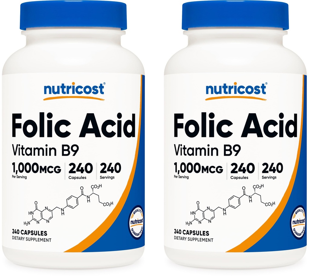 Nutricost Kwas foliowy (witamina B9) 1000 µg, 240 kapsułek (2 butelki)