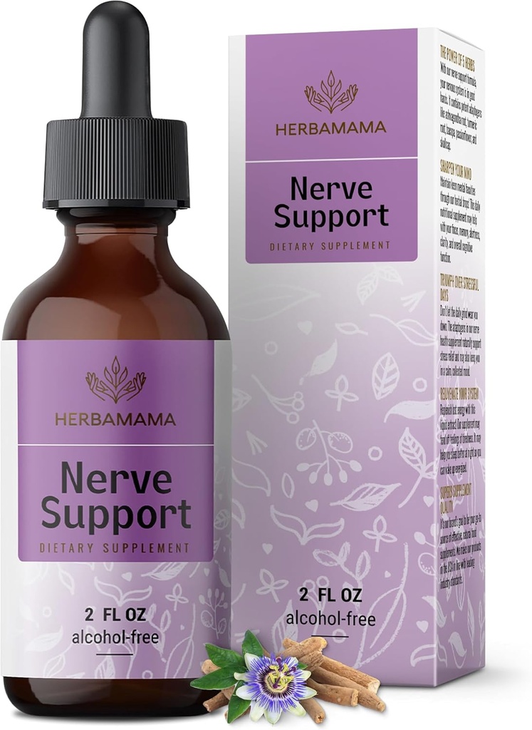 HERBAMAMA Nerve Supplement Supplement - Wegan Nerve Supplement Formula z Ashwagandha & Bacopa Monnieri dla mózgu - Non- GMO, Alkohol & Cukier - Darmowy Daily Calming Drops dla dorosłych, 28 - Day Supply