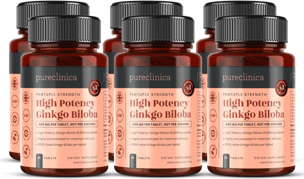 pureklinica Wysoka potencja Ginkgo Biloba 30,000mg x 540 tabletek (6 butelek po 90) - 18 miesięcy dostaw - 5 razy Siła konkurencyjnych produktów