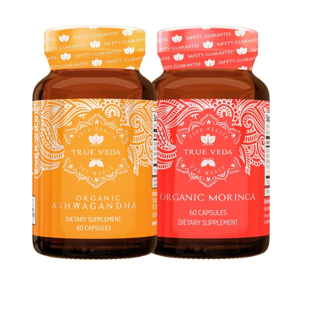 True Veda Energy Bundle USDA Organiczne 124; Multi- Award - Zwycięstwo 124; Ashwagandha KSM- 66 ® KMS 124; Moringa Kapsułki