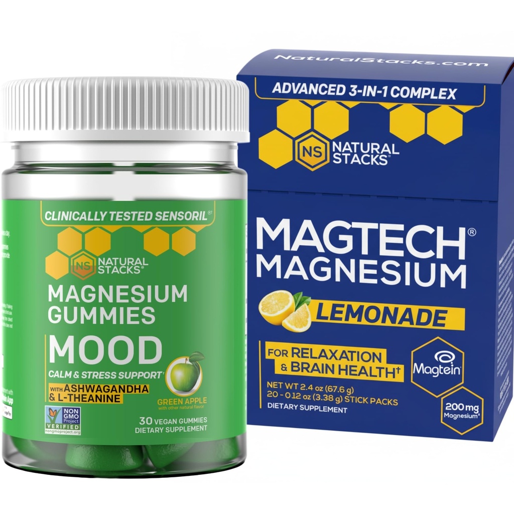 NATURAL STAKS Magtech Napoje Magnezu Mix + Nastrojowe Gumiaki Magnezu Bundle - 4 Formy Magnezu - Zdrowie Mózgu, Relaks i Wsparcie Stress * - 35 Służenia