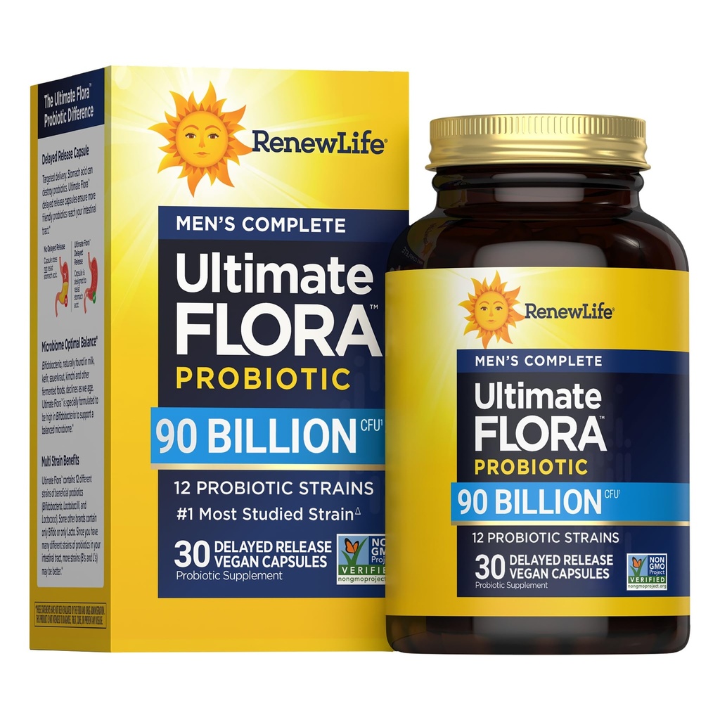Renew Life Men 's Care Probiotic Kapsułki, Wspiera Mens Digestive, Colon, Imimmunologiczne i układu oddechowego, L. Rhamnosus GG, Dairy, Soy i gluten- free, 90 Miliard CFU, 30 Count