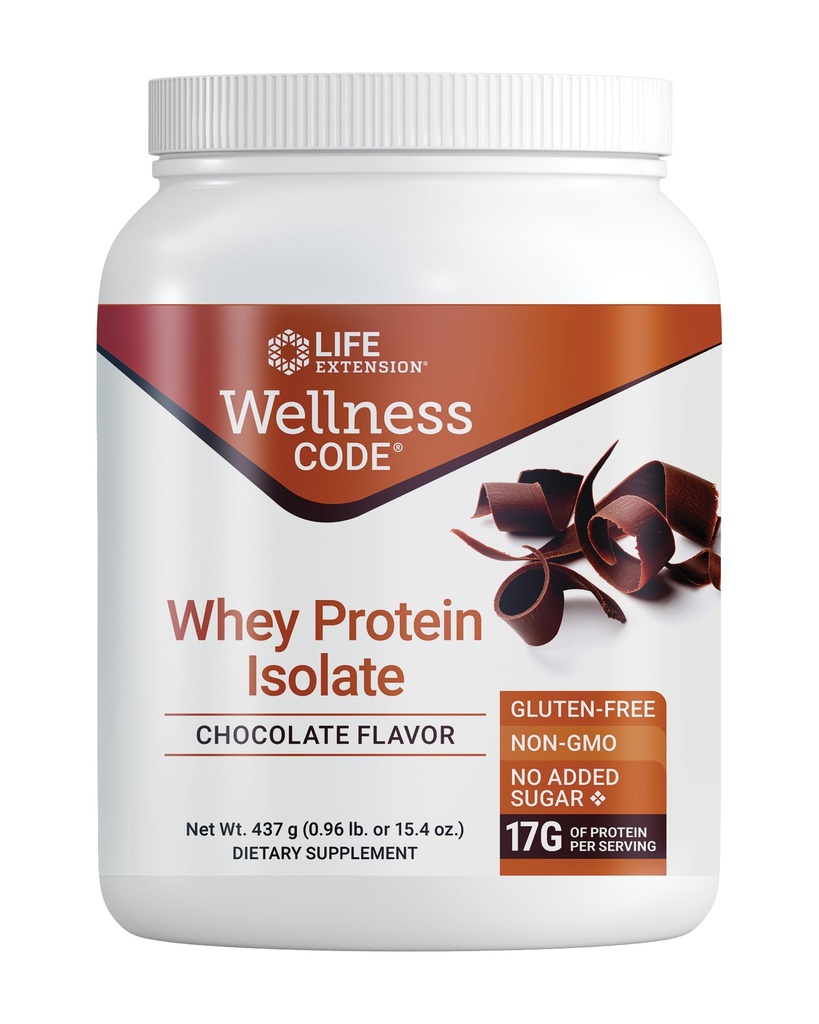 Life Extension Wellness Code ® Whey Protein Isolate (Czekolada), białka i rozgałęzionych aminokwasów łańcucha dla wzrostu mięśni i zdrowia immunologicznego, bez dodatku cukru, gluten wolny, Non-GMO, 437 Grams, 20 Służenia