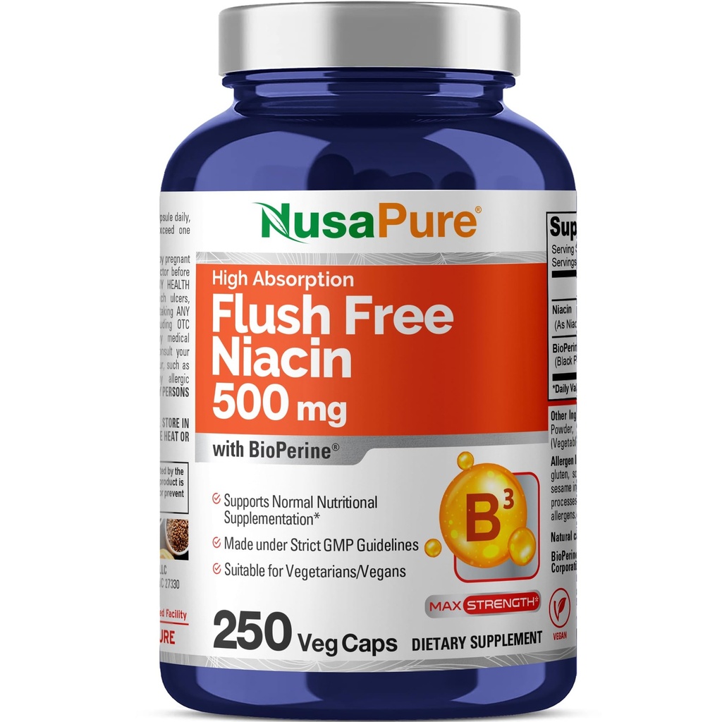 NusaPure Flush Free Niacin 500 mg 250 kapsli (wegańskie, nieGMO i wegańskie) Bioperine
