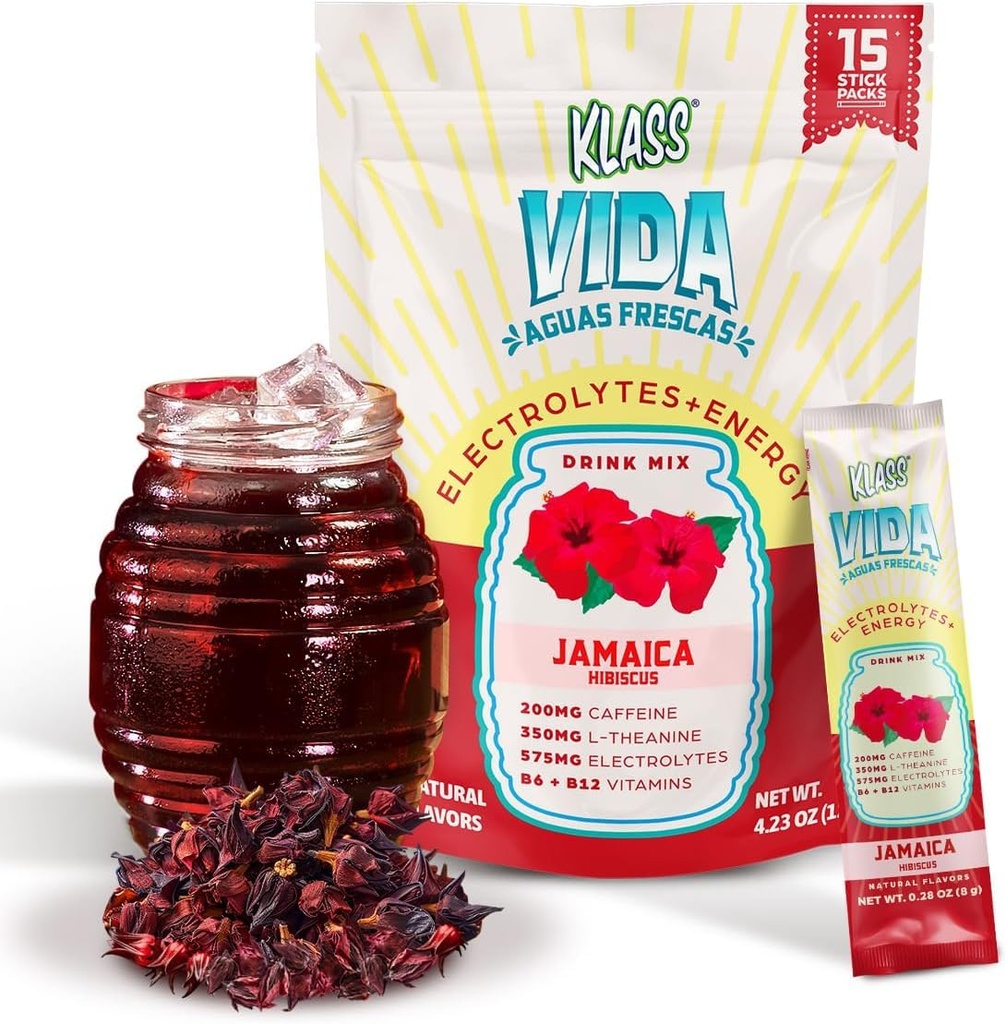 Hydration + Energy Electrolyte Drink Mix - Hibiscus Agua Fresca Flavor 124; Proszek bezcukrowy z kofeiną, L- Theanine, Woda kokosowa & Minerały 124; 15 Opakowania do nalewek jednorazowych, niskokaloryczne