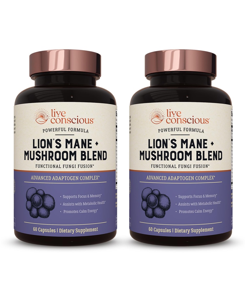 Live Conscious Lions Mane Mushroom Supples for Brain Support w / Lion 's Mane, Cordyceps, Reishi, and Turkey Tail Mushroom - Cognitive Memory Supplement for Brain (2- Pack)