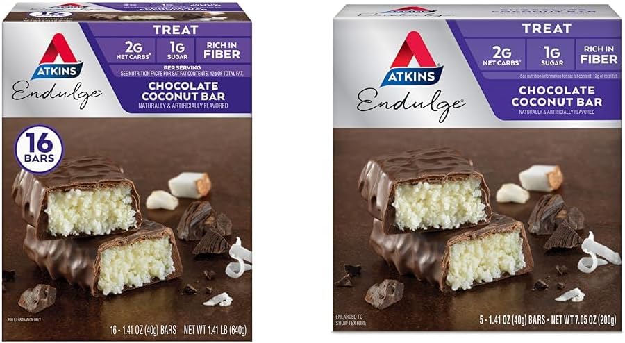 Atkins Endulge Chocolate Coconut Bar 16 Count & 5 Count Bundles, Dessert Favorite z Chocolatey i Coconut Flavors, Wysoka w włóknie, 1 g cukru za Serving