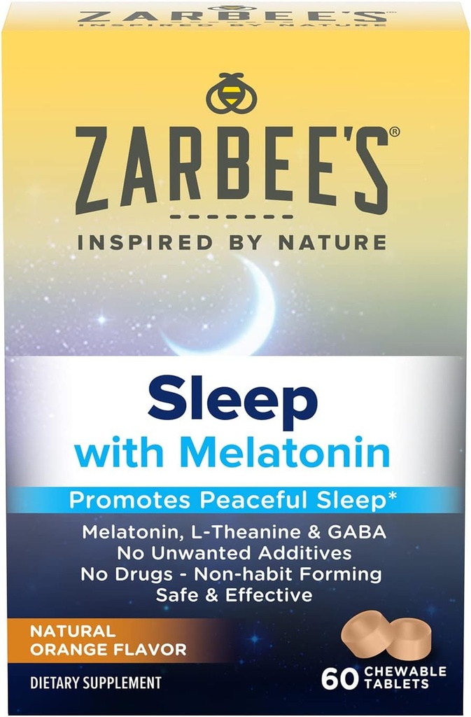 Melatonina Zarbee 5mg, suplement do snu L- Theanine + GABA do promowania spokojnego snu, naturalny aromat pomarańczowy, tabletki do żucia dla dorosłych w wieku 12 lat, 60