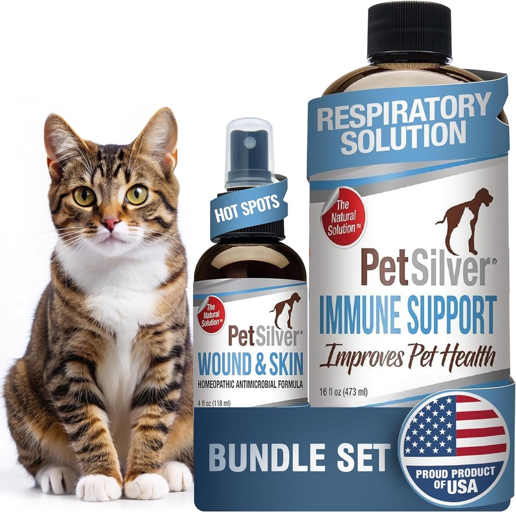 PetSilver - Immune Support (16 fl oz) i Spray Rana i Skóra (4 fl oz) z Opatentowaną srebro Chelated - Alergie, Sinus & Cough Leczenie - Rana opieki i Hot Spot Spray dla kotów i psów - Made in USA