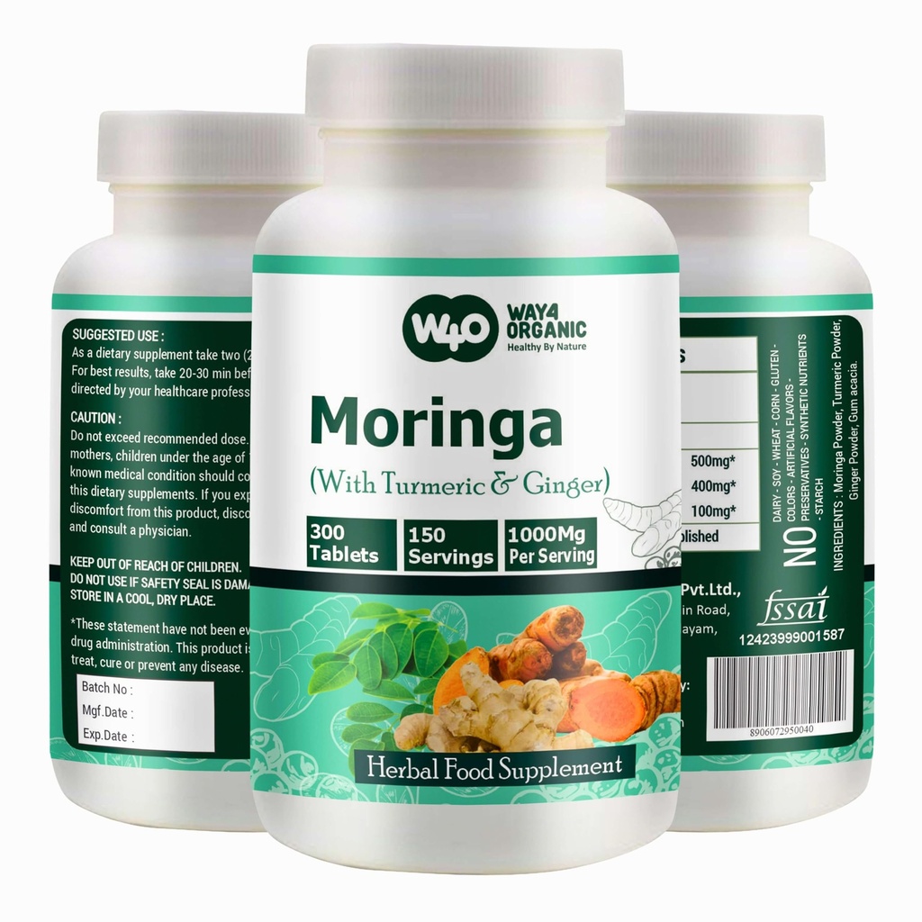 Tabletki Moringa z kurkumą i imbirem, 300 tabletek, 5 miesięcy dostaw, 150 Podawanie, 1000 Mg na Serving. Jedna kapsułka z wielorakimi korzyściami - Pomaga w leczeniu trawiennym (opakowanie zawierające 1)