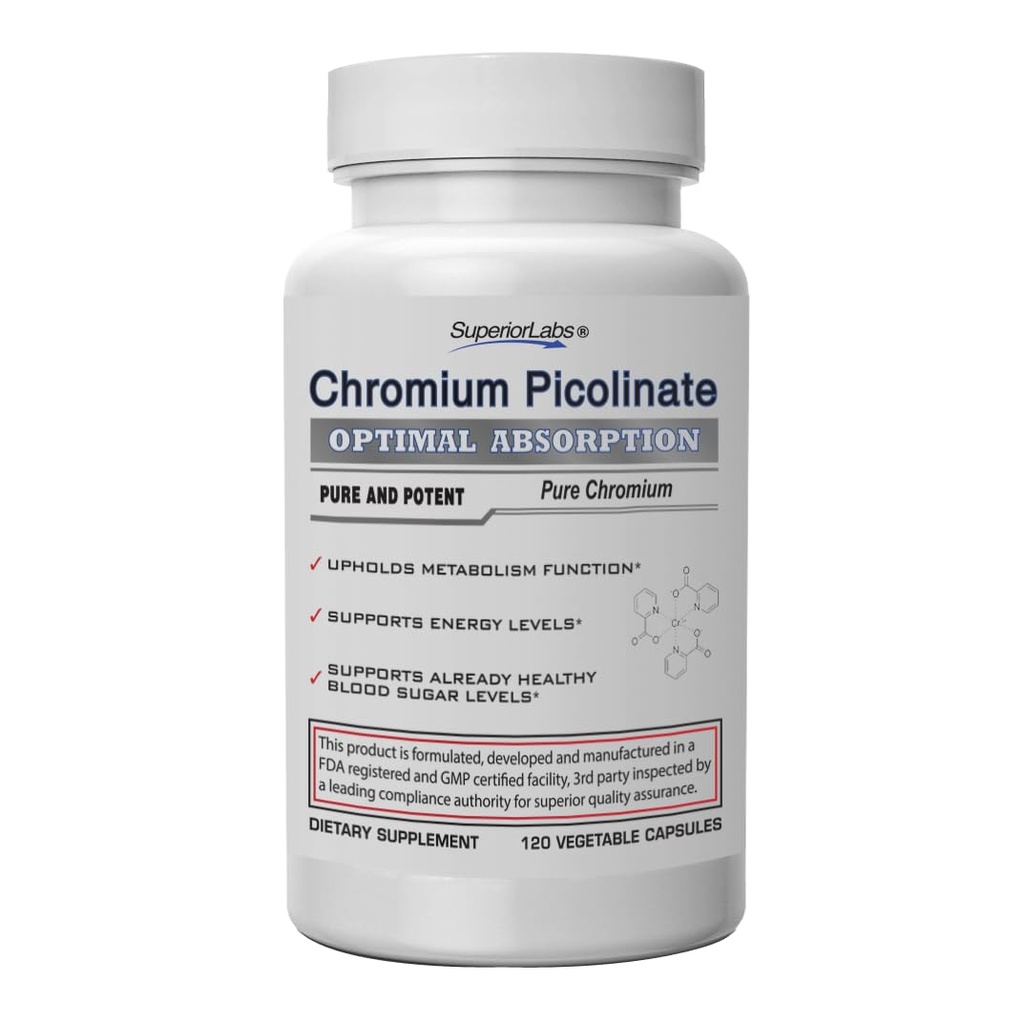 Superior Labs Pikolinat chromowy 500µg, Wysoka Absorpcja, Non-GMO, Superior Sugar & Metabolizm Wsparcie, Weight and Food Craving Management, Pomaga Energia & Insulina Wrażliwość, 120 Czapki Veg