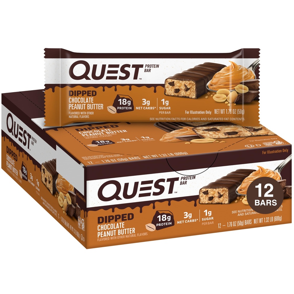 Quest Nutrition Dipped Chocolate Peanut Butter Protein Bars, 18g Protein, 1 g Sugar, 3g Net Carbs, Gluten Free, 12 Count
