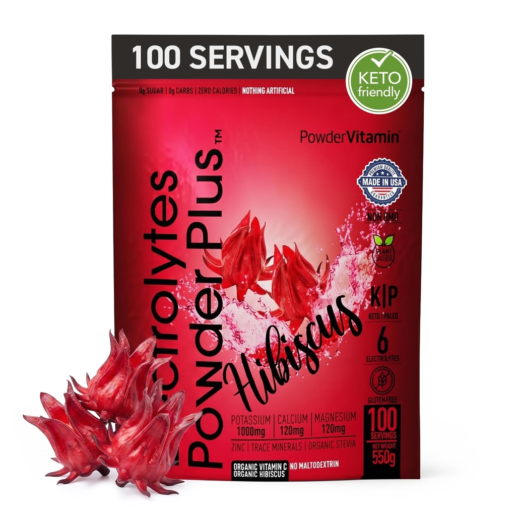 PowderWitamina Electrolytes Powder Plus (100 Servings) Hibiscus Electrolyte Powder Zero Calorie Keto, 0 Cukier, Nie Maltodekstryna, 1000mg potasu, 120mg wapnia, 120mg magnezu, Proszek nawadniający
