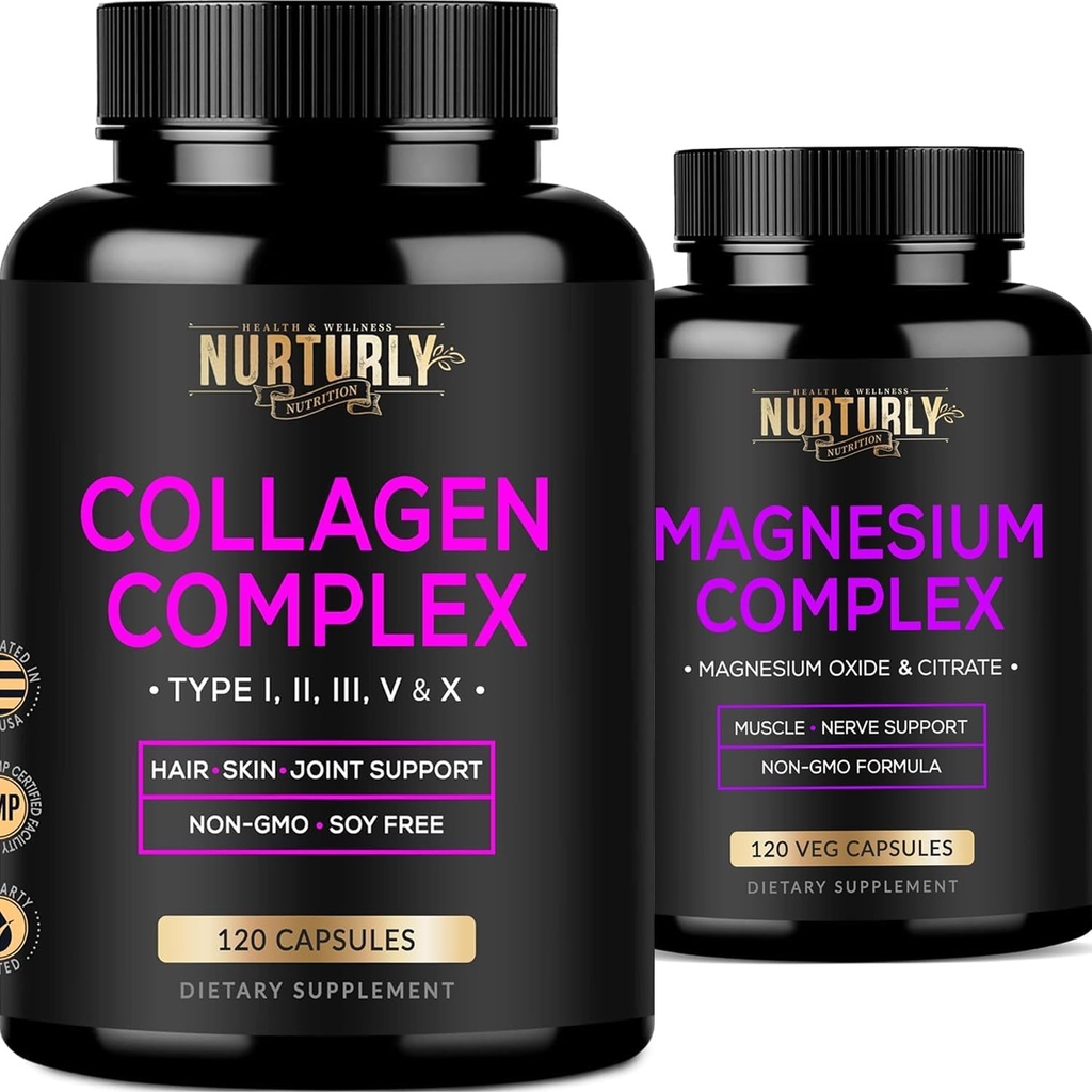 Magnezu Citrate & Oxide 500mg Complex Supplement and Multi Collagen Peptydes Powder Kapsułki - Wysoka absorpcja Maksymalna wytrzymałość - Zhydrolizowane Collagen Peptydes