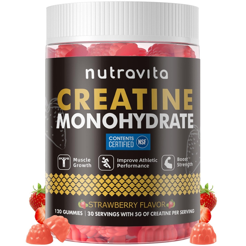 Nutravita NSF Certified Creatine Gummy - Gummies jednowodny dla mężczyzn i kobiet - 5g Monohydratu dla stworzenia na Serving - Cukier wolny, Wegan, Strawberry Flavor, 120 Count
