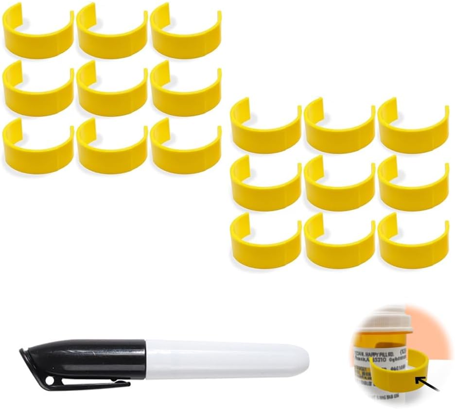 Klipsy na butelki z piłeczkami, Klipsy na etykietę leczniczą dla łatwej identyfikacji leków - opakowanie z markerem, Etykiety (18szt)