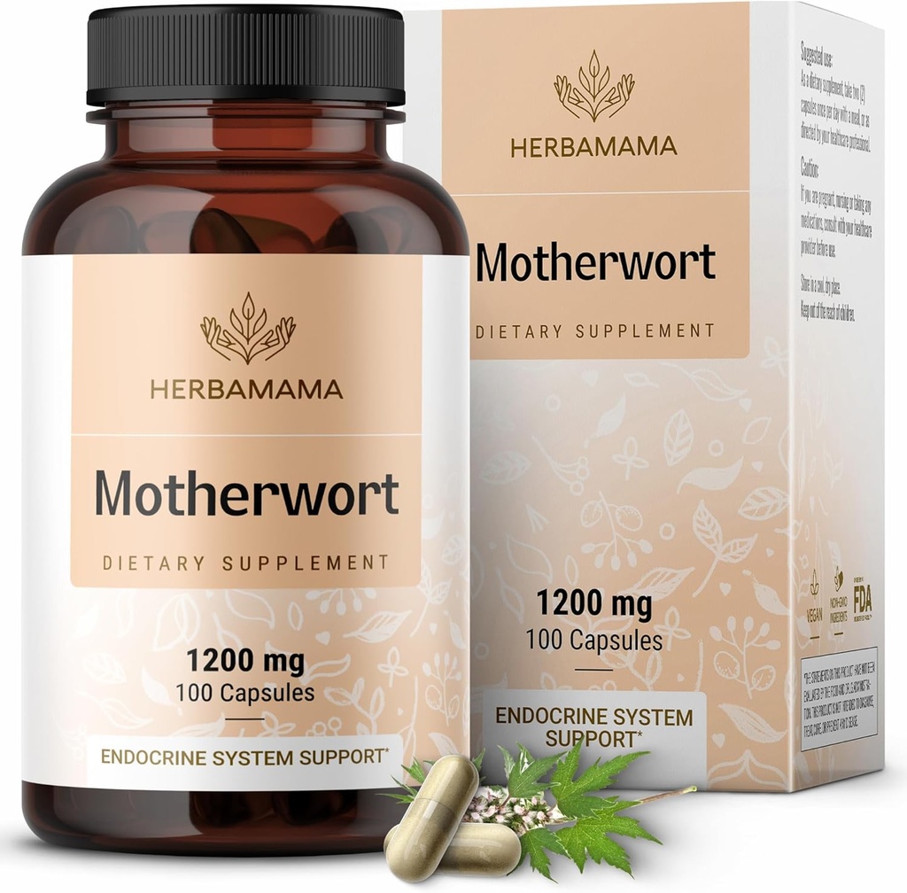 Kapsułki HERBAMAMA Motherwort - Naturalne suplementy menopauzy * dla kobiet - 1 200 mg proszku Herb Herb na obsługę dla kobiecego nastroju i uspokajania - Wegan, Non-GMO - 50- Day Supply