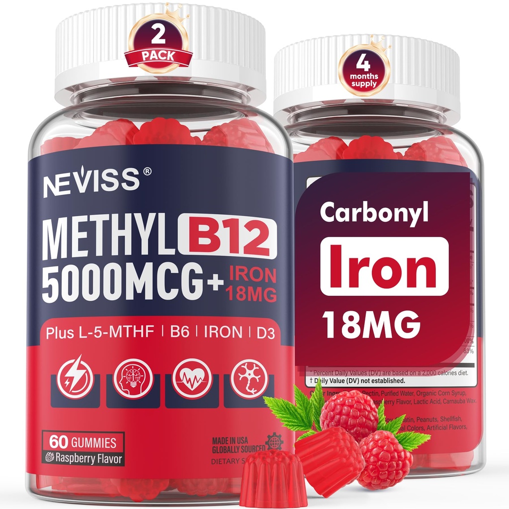 NEVISS Metylowy B12 Witaminy 5000 μg Gumiaki + Żelazo 18 mg dla kobiet - Aktywna metylkobalamina Metylowana B12 Suplement witaminy w / L- MetylFolat, B6 (P5P) i D3 do wspomagania energii i koncentracji, 120 Służenie