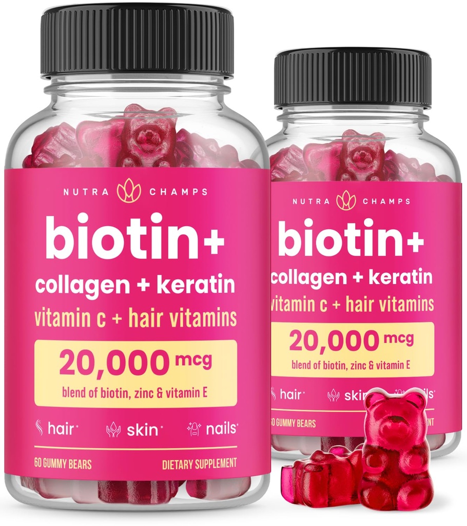 NutraChamps Hair Skin & Nails Gummies, Biotin z Collagen & Keratin, 5000mcg Biotin Beauty Complex, Suplement witaminy, Berry, 120 Count, Zdrowe włosy, Promienna skóra i silne paznokcie (Opakowanie 2)