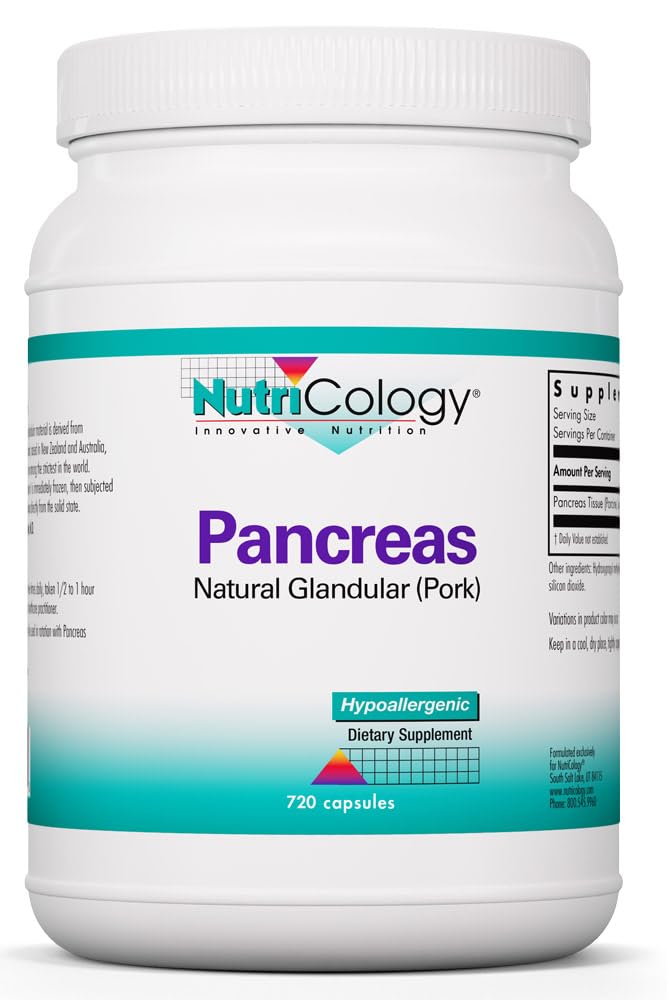 Nutricology Pancreas Suplement diety - Wsparcie pokarmowe, Natural Glandur (Wieprzowina), Enzymy, Hipoalergiczne, Kapsułki wegetariańskie, Gluten Free - 720 Count