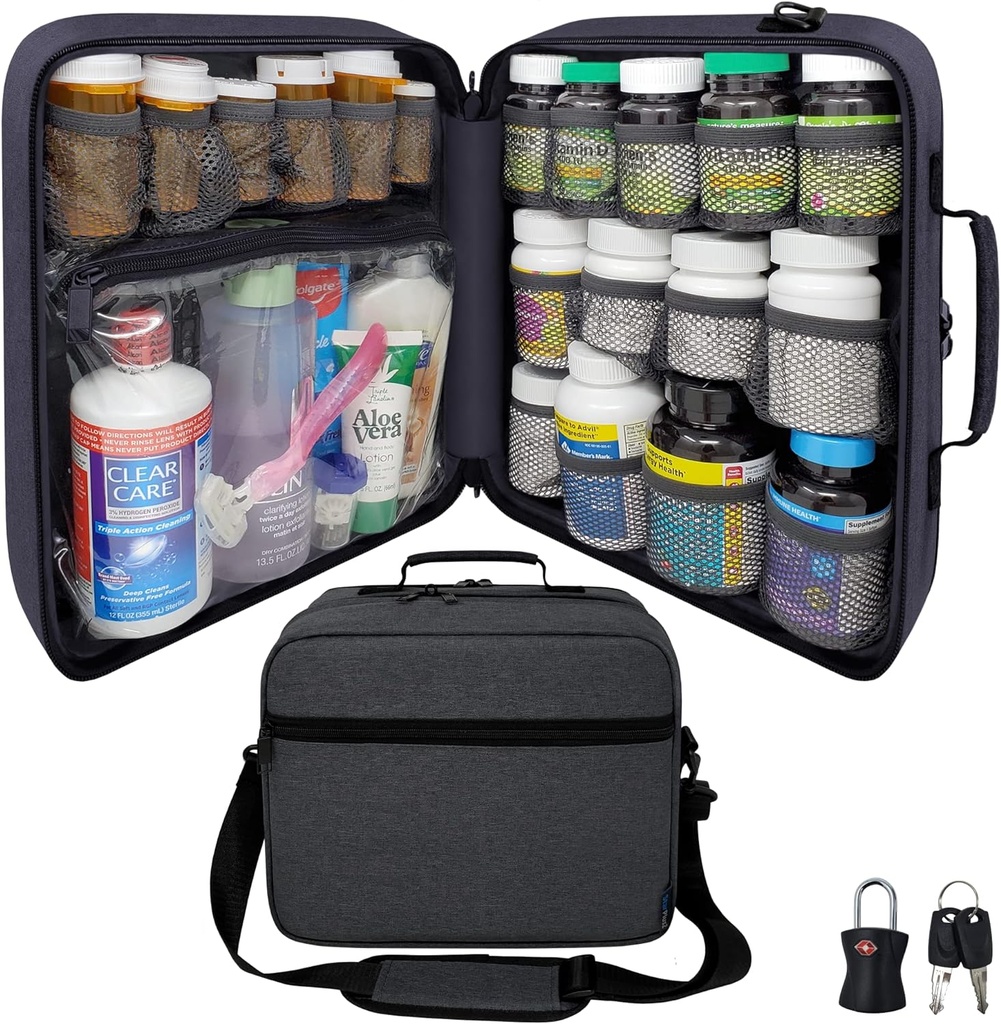 Extra- Duży Pill Butelka Organizator, Torba medyczna, Przewoźnik do Medykacji, Witaminy i Dostawy medyczne - Modular Travel Medicine Organizator i Magazynowanie domu Med Bag - Dark Gray (z zamkiem)