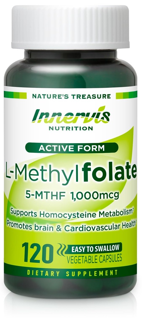Bioaktywny folian (L- 5- MTHF 1000mcg, Folate 1700mcg) - Brain & Mood Support, Easy- to- Połknięcie, 120 Kapsułek Veg