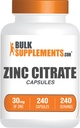 BulkSupplements.com Cynk Kapsułki Cytrate - Suplementy cynku, Gluten Free - 30 mg na Serving, 1 Kapsułka na Serving, 240 Ilość (Opakowanie po 1)