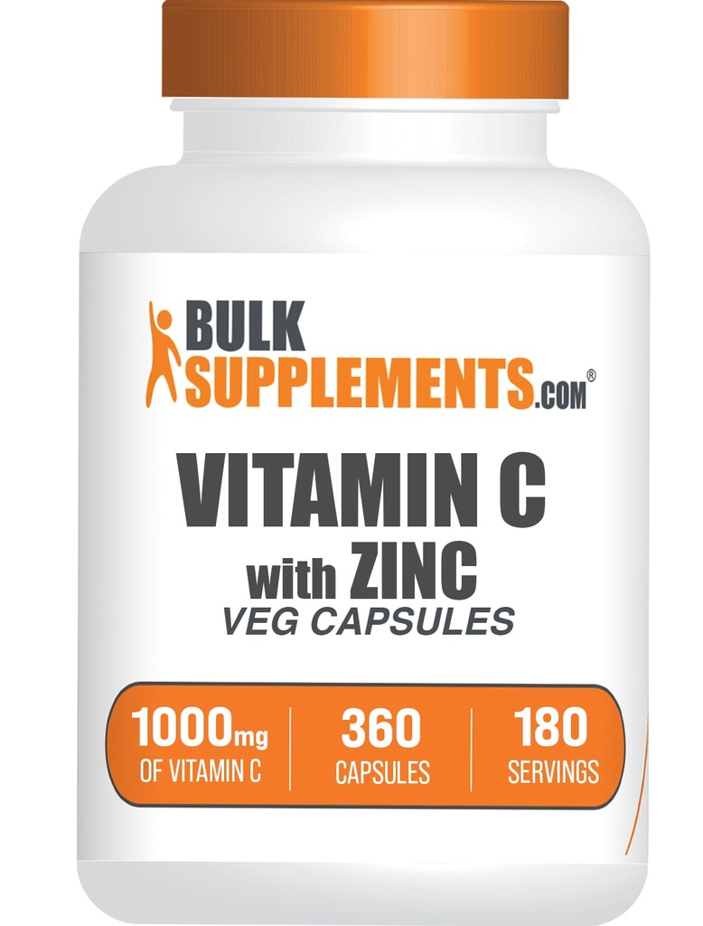 BulkSupplements.com Witamina C z kapsułkami cynku - Witamina C 1000mg & Cynk 15 mg, do wsparcia immunologicznego - Wegan, 2 kapsułki na Serving, 360 Veg Count (Opakowanie po 1)